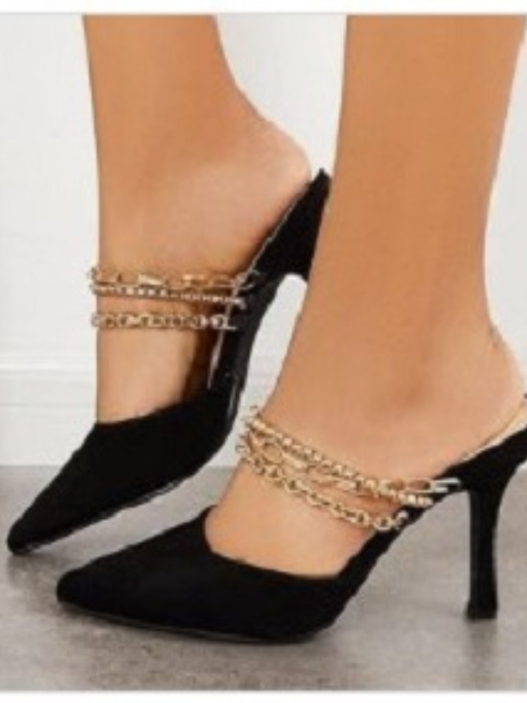 Trish Lucia Pointed Toe, Mule Heels, Black With Gold, Size 8.5